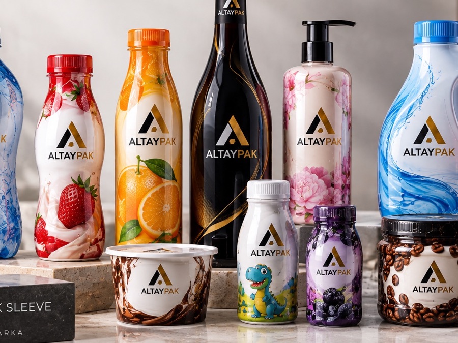 Altaypak body sleeve uygulanmış içecek ve kozmetik şişeleri