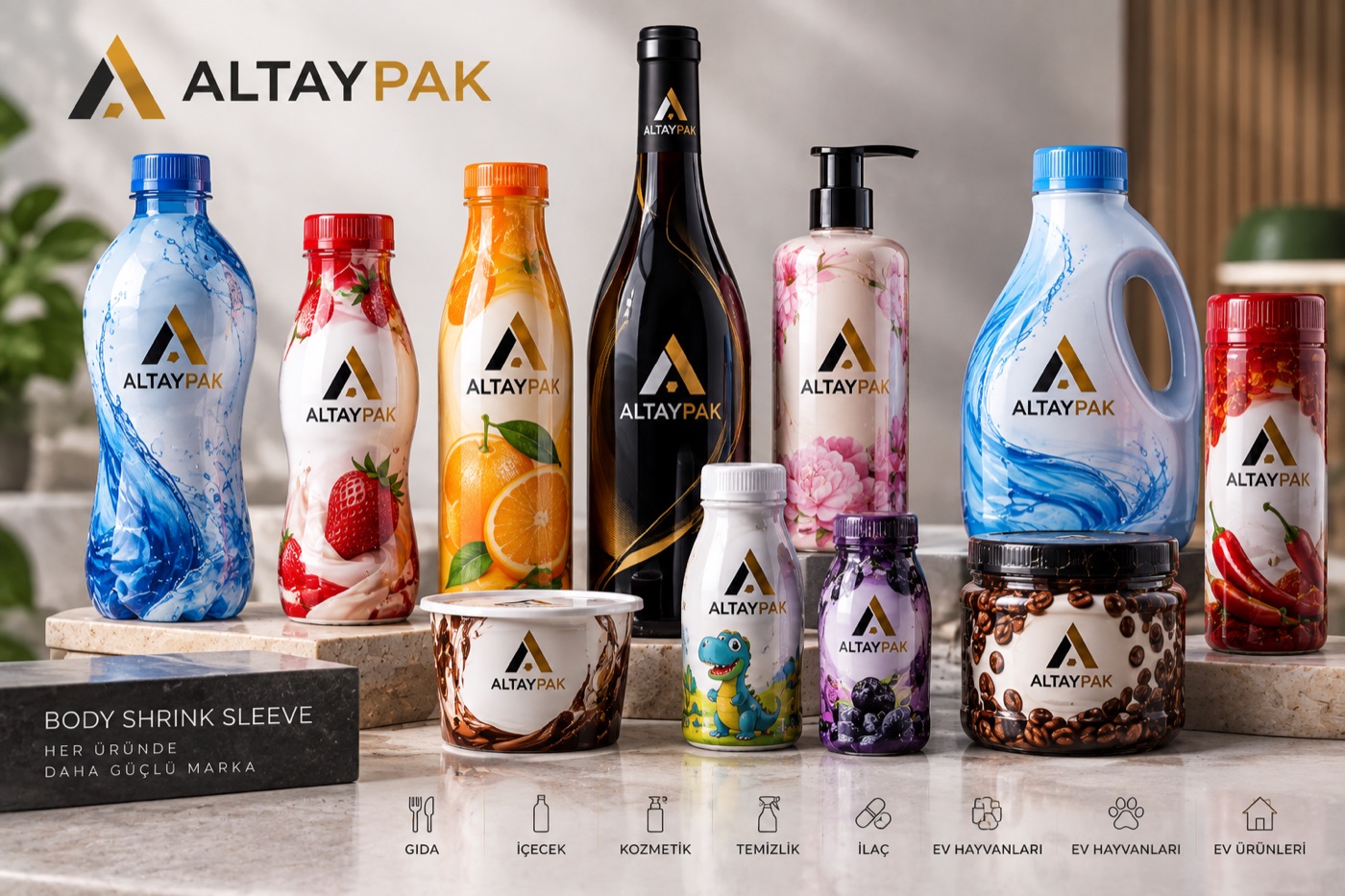 Altaypak body sleeve uygulanmış içecek ve kozmetik şişeleri